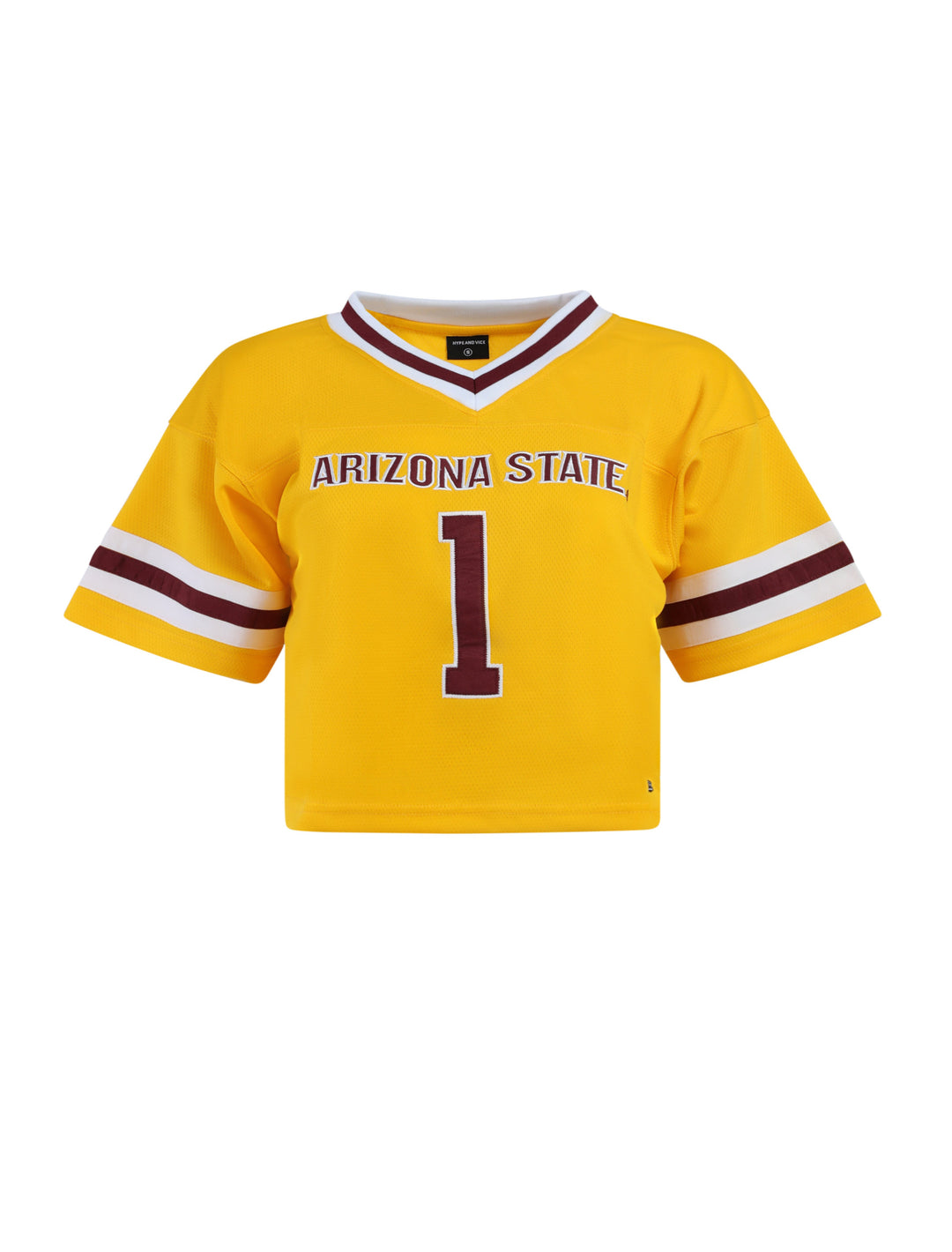 Cropped short sleeve v-neck jersey in gold. Maroon and white stripe detailing on the collar and sleeves. Text reads 'Arizona State' above the number 1 in maroon and outlined in white. 
