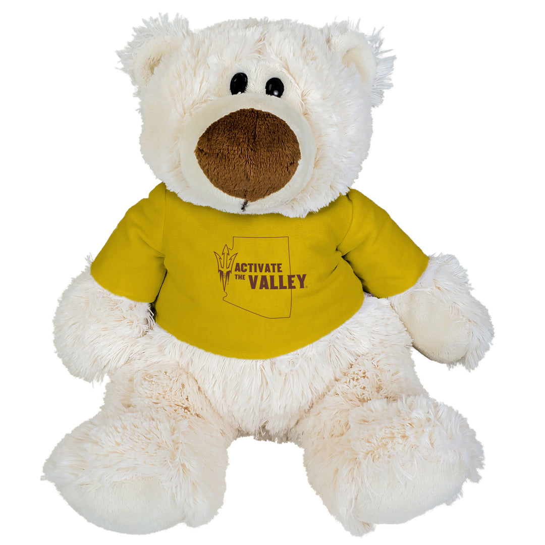 White bear with black eyes and brown nose with gold tee, Activate the Valley logo in the center of the tee