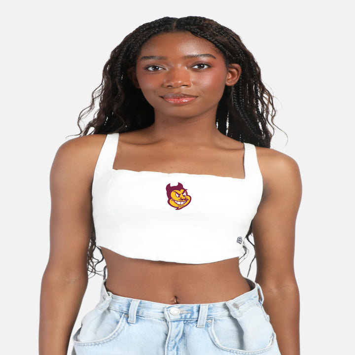 Cropped white denim corset. Sparky face logo is embroidered on the center of the chest.