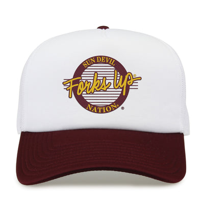 Maroon brim, white base, circular logo with maroon outline "Sun Devil" on top in gold, "Nation" on the bottom in gold, "Forks Up" in gold cursive across logo