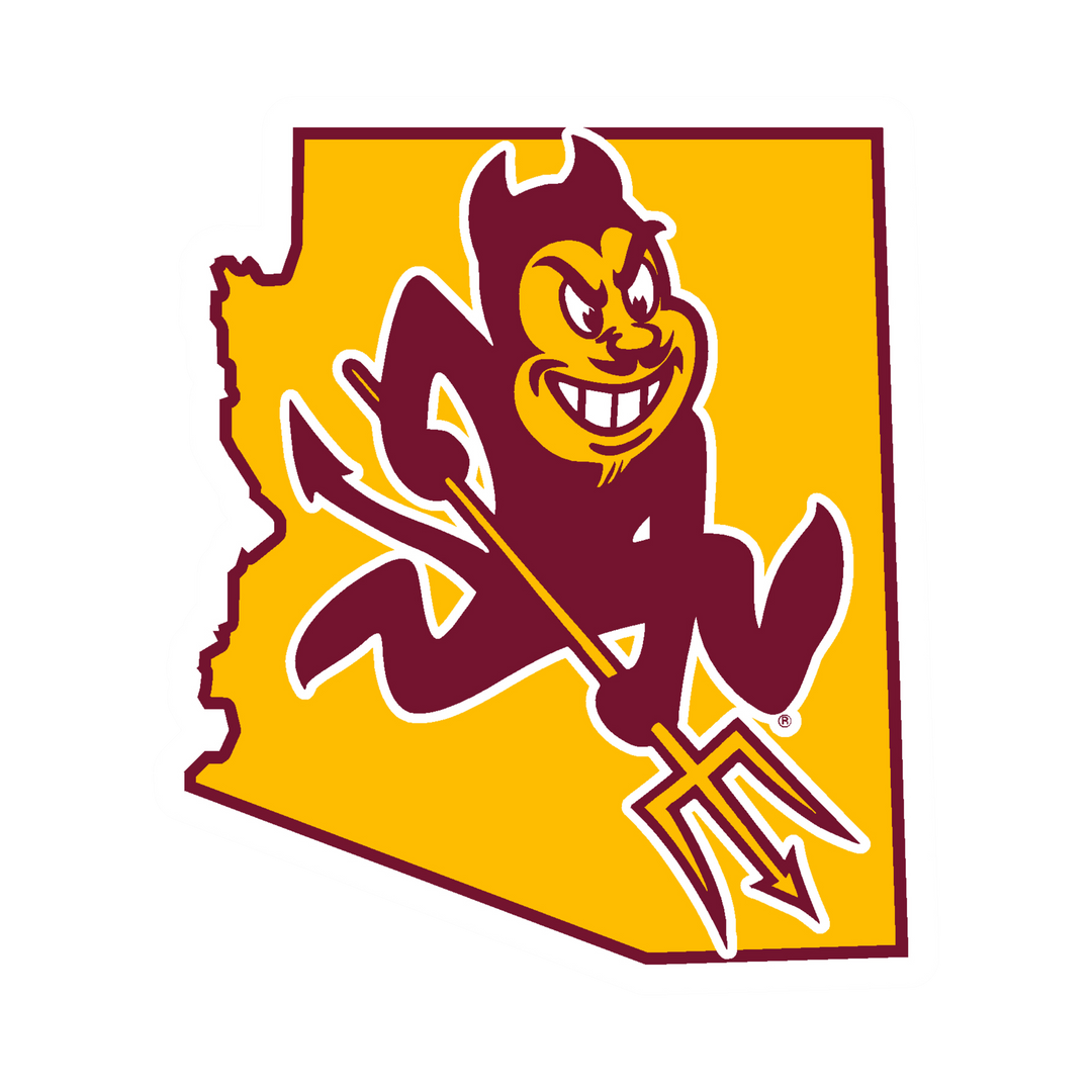 ASU mini magnet of Arizona outline with gold center and Sparky inside
