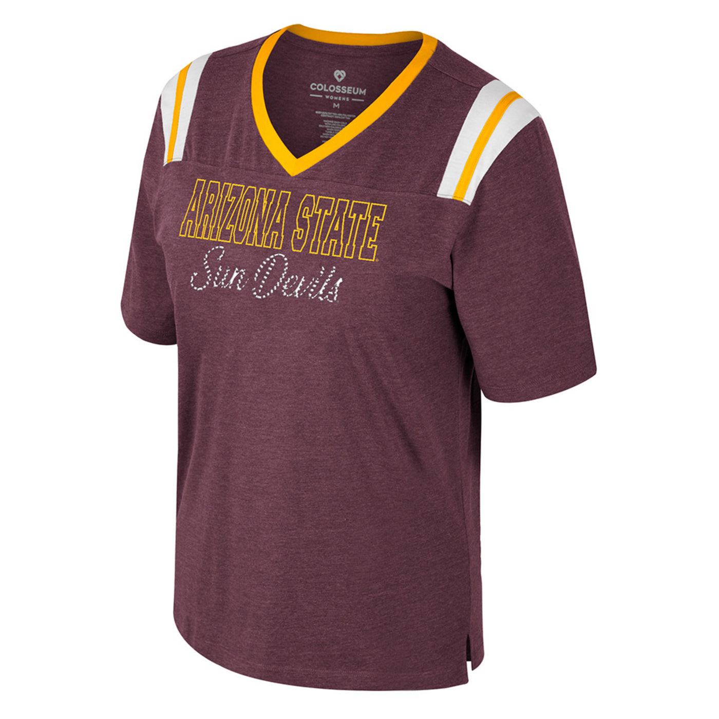 ASU Maroon ladies tee. The collar of this shirt is outlined with a solid gold line. On the shoulders is a white solid line with another gold solid line in the middle. The chest of the tee reads 