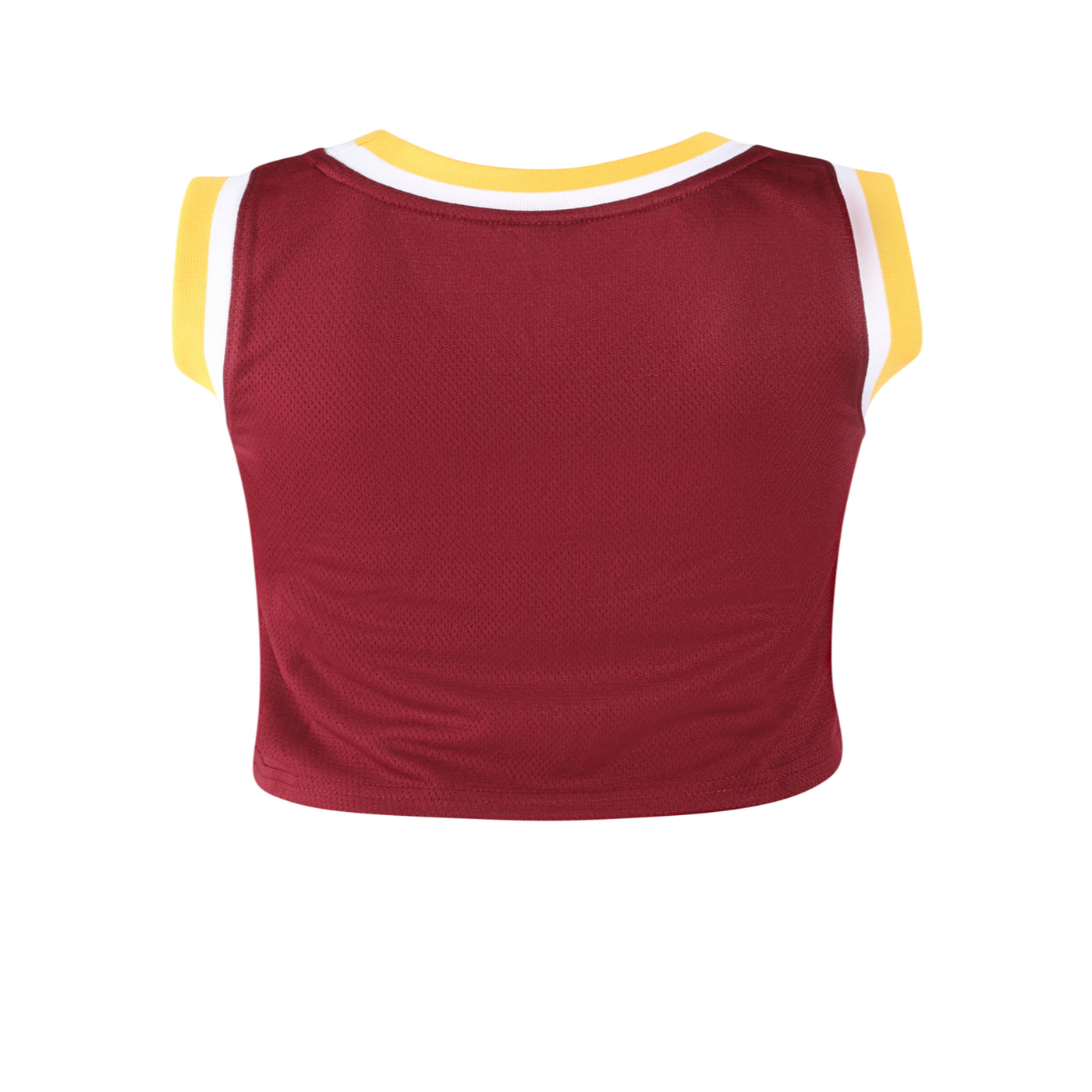 Back of ASU maroon cropped basketball jersey. The back is solid maroon all over with the collar and sleeves outlined with a solid white line and a solid gold line. 