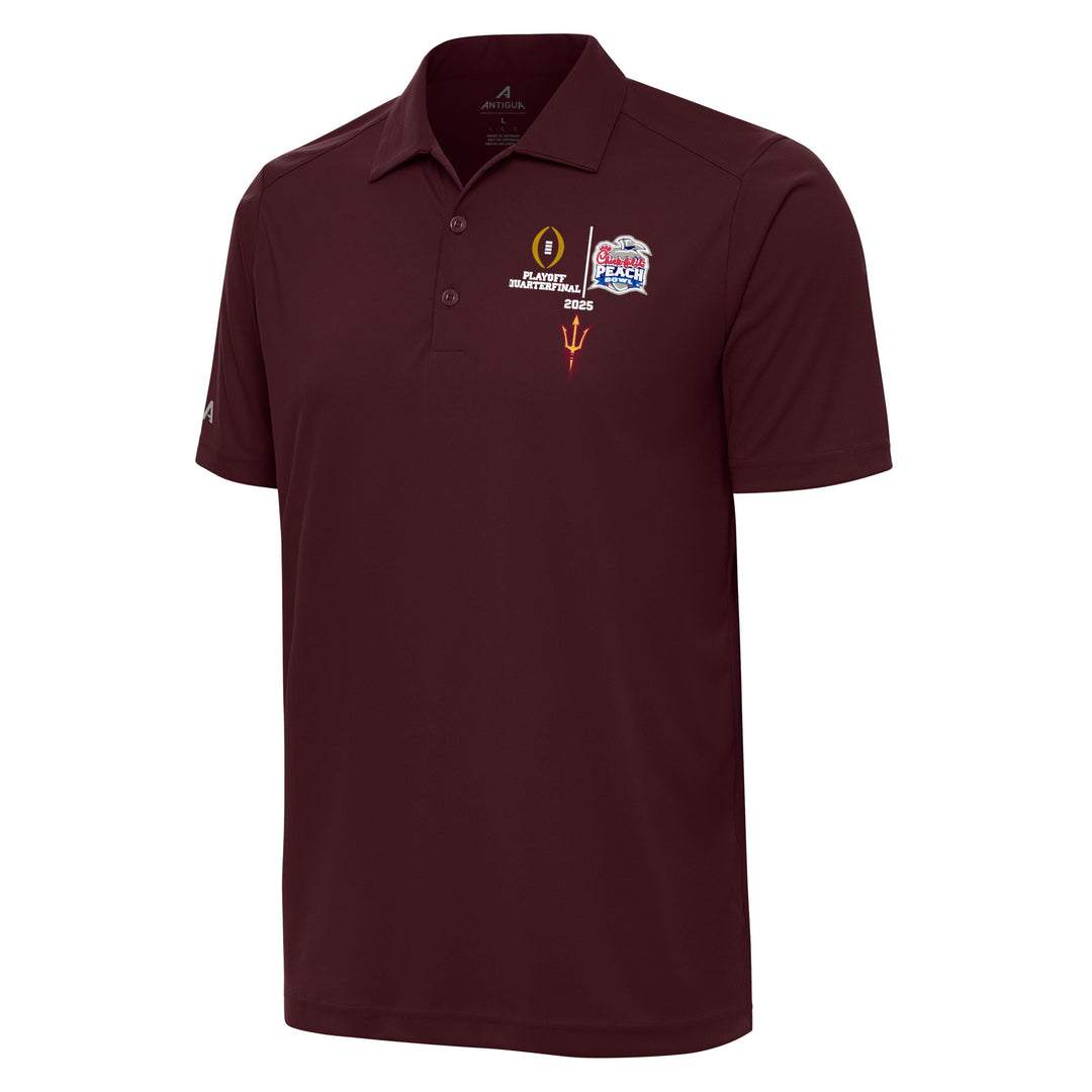 Maroon polo with Playoff Quarterfinal and Chick-Fil-A Peach Bowl logos above maroon and gold pitchfork on left breast