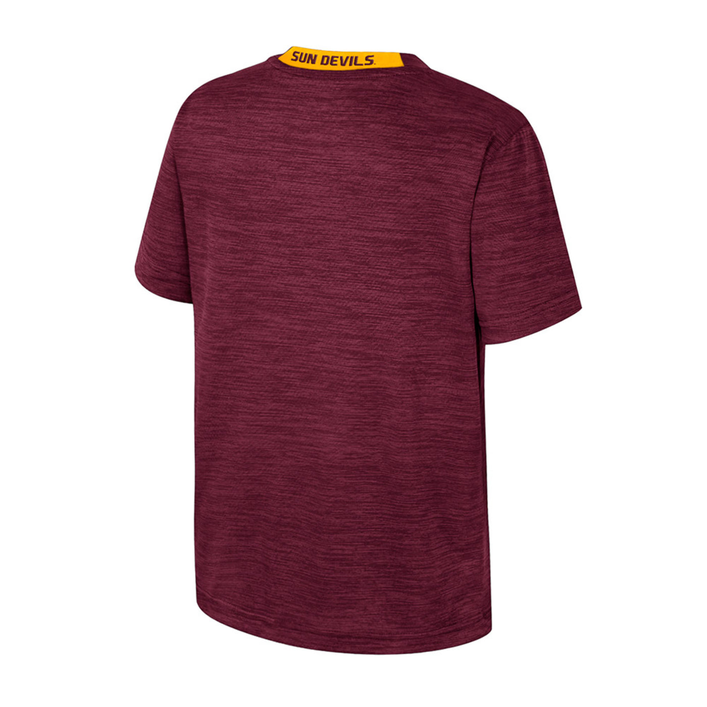 Back of ASU maroon shirt. The collar has a solid gold strip that reads 