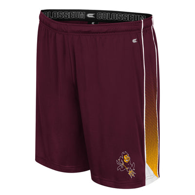 ASU maroon shorts. On the bottom corner of the left leg is a small Sparky image. Along the side of both short legs is two white lines filled with a gold gradient design. There is a small grey Colosseum logo on the upper left waistband area.