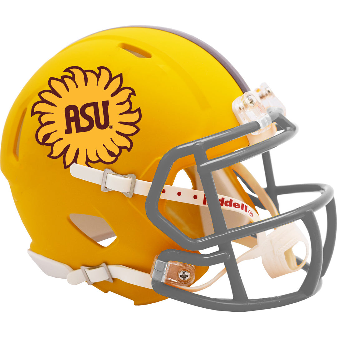 Mini helmet in gold with maroon decal the side saying "ASU" inside a sunburst 