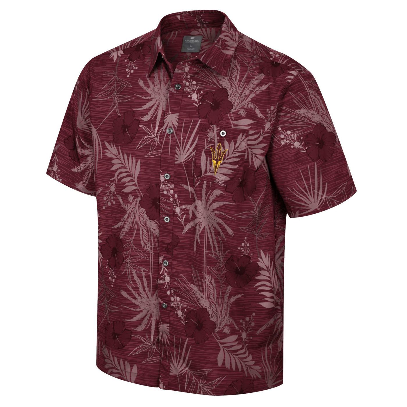 ASU maroon button up with a floral and foliage pattern. There is a gold outline of a pitchfork on the pocket.