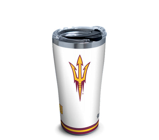 ASU White tumbler with clear closable lid and pitchfork on front with 4 colored stripes at the bottom