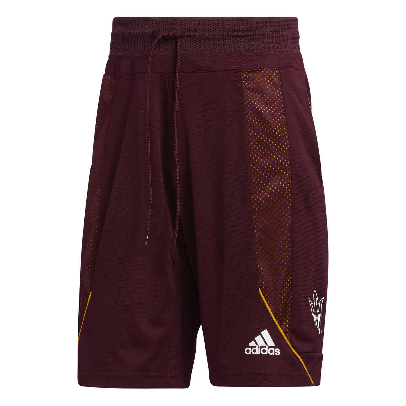ASU maroon men's Adidas shorts with mesh panels and a pitchfork on the left leg