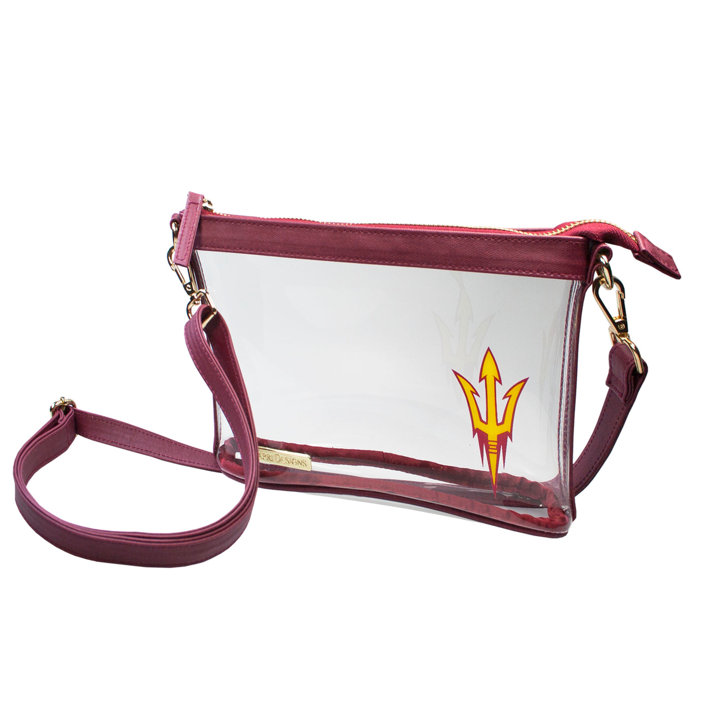 ASU clear bag with maroon details, zipper top, remove-able strap, and a pitchfork on the corner
