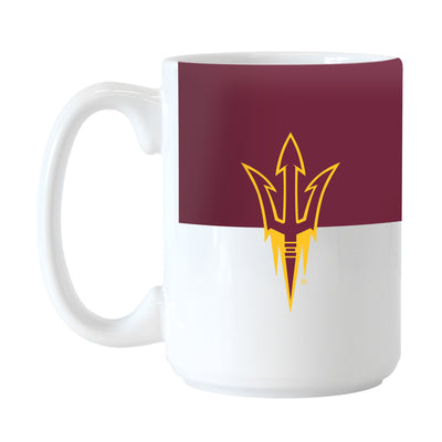 ASU white mug with maroon stripe a the top and a maroon and gold pitchfork in the center