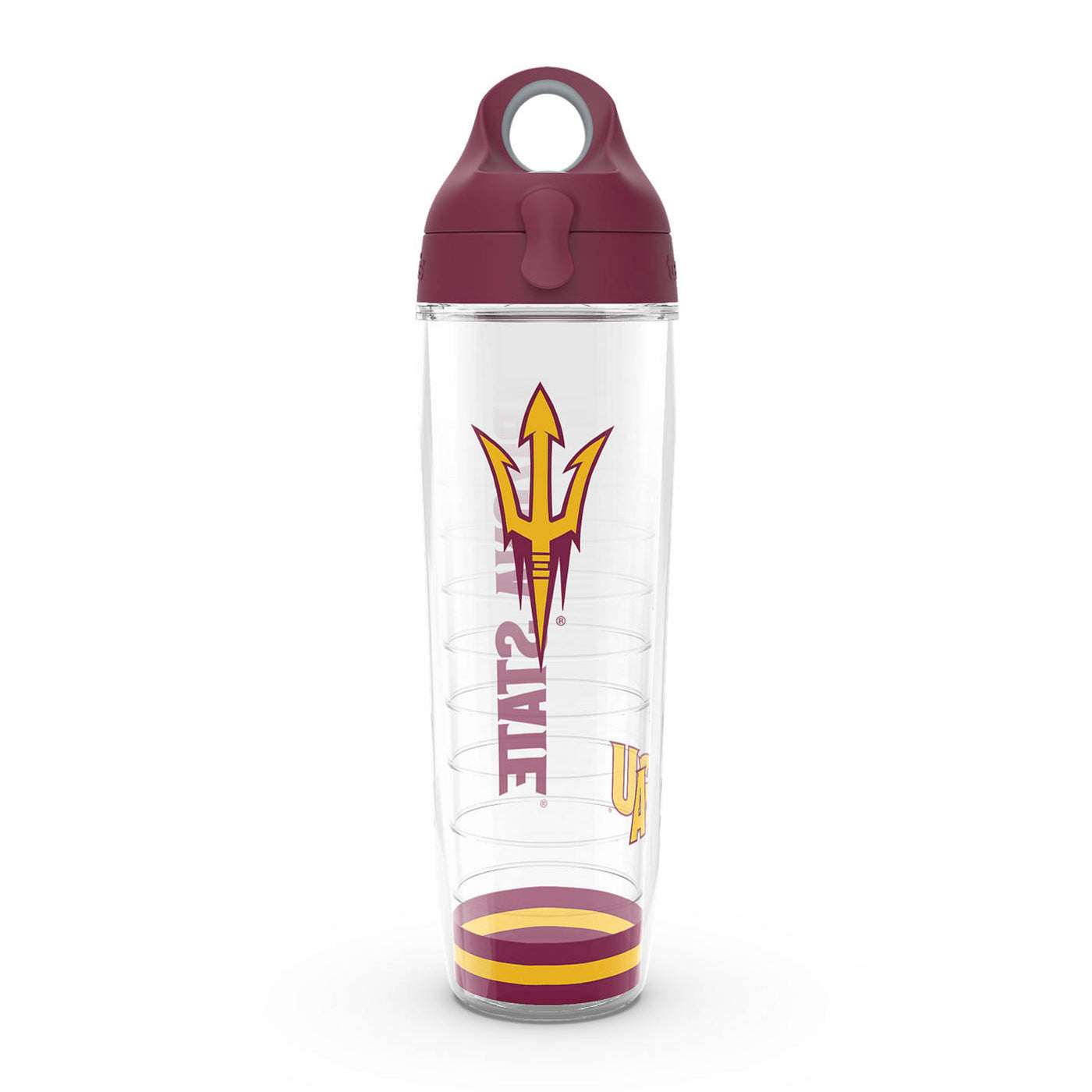 ASU water bottle with a maroon lid that has a finger hole at the top, a pitchfork on the front, and 'Arizona State' along the back in a vertical line