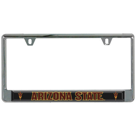 ASU license plate frame with black bar at the bottom with 'Arizona State' lettering in between 2 pitchforks