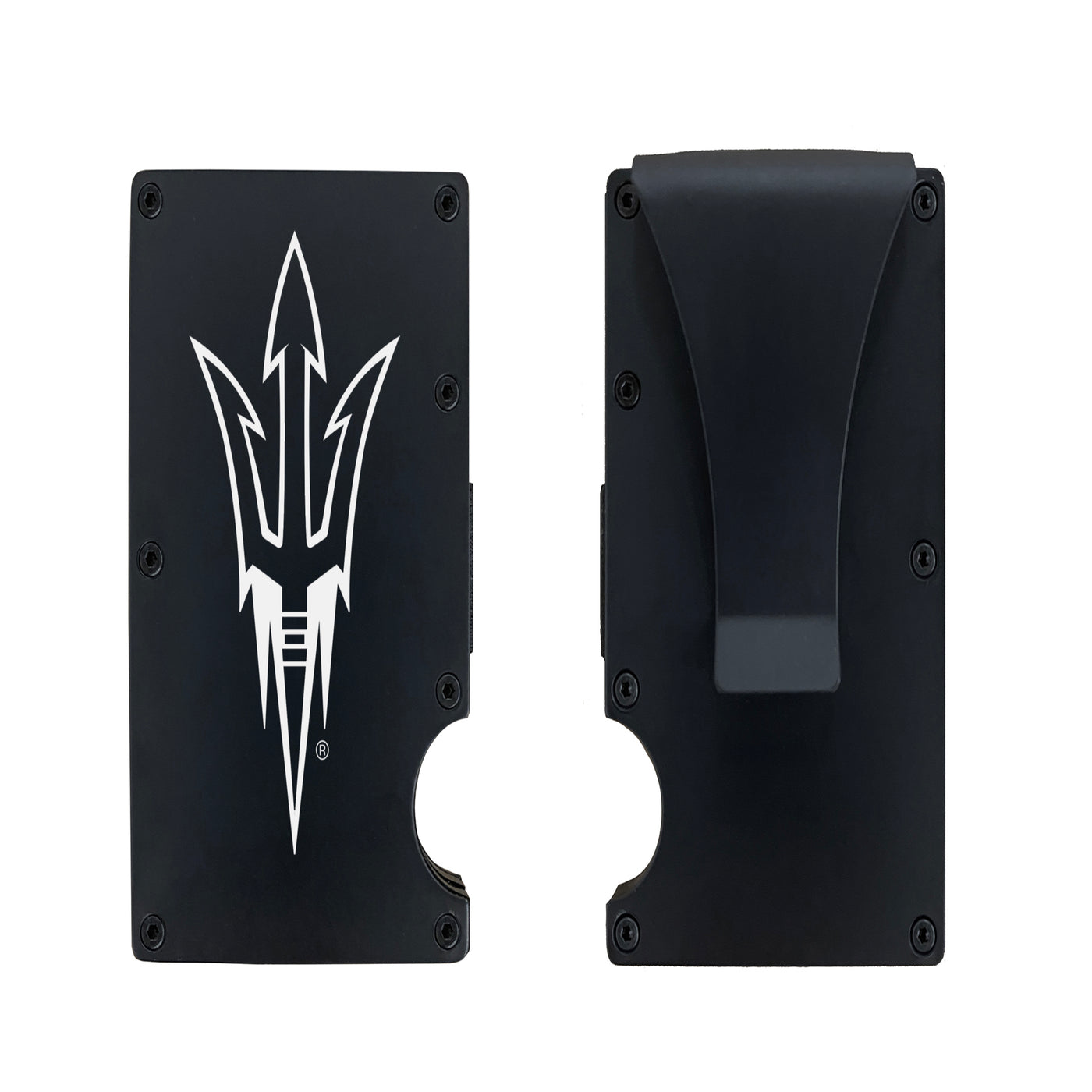 ASU black aluminum wallet with a white outlined pitchfork