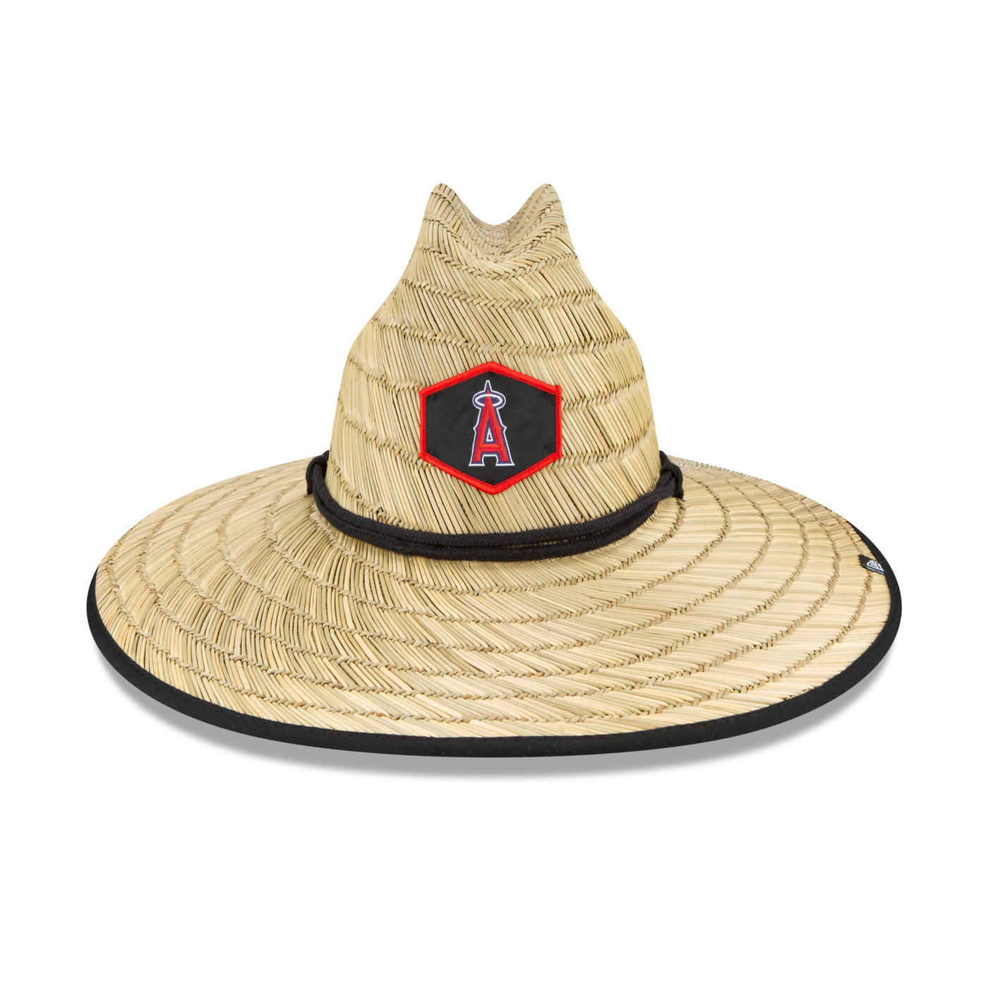 Straw hat with black chin strap, black brim, and an Angels patch on the front