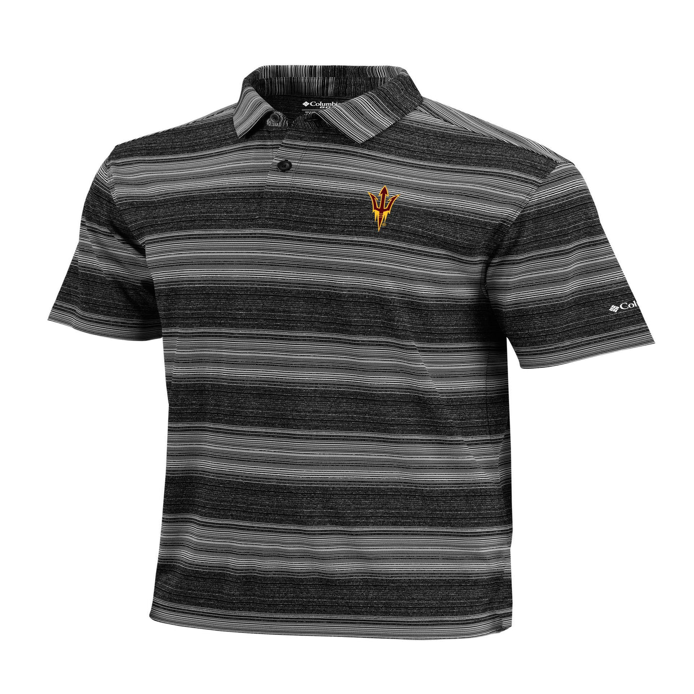 ASU black and gray horizontal striped polo with pitchfork on left upper breast