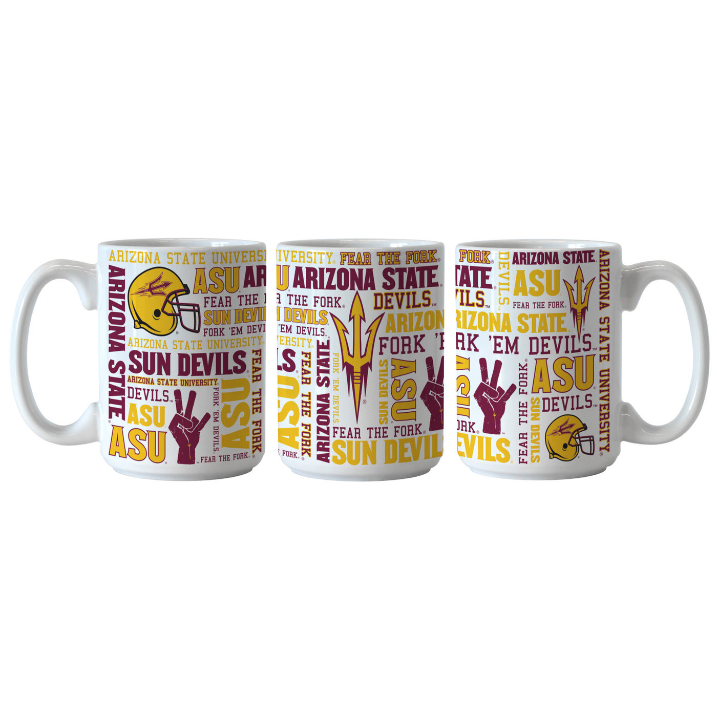 3 ASU white mugs with multiple retro and classic designs covering the mug