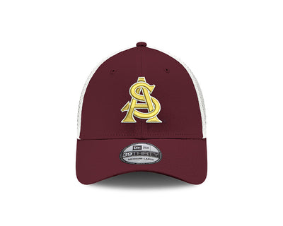 Front section of ASU hat maroon with white mesh back and interlocking 'A' & 'S'