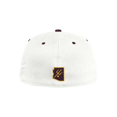 Back of ASU fitted white and maroon hat with a maroon state of Arizona outline with a pitchfork in the center at the bottom band