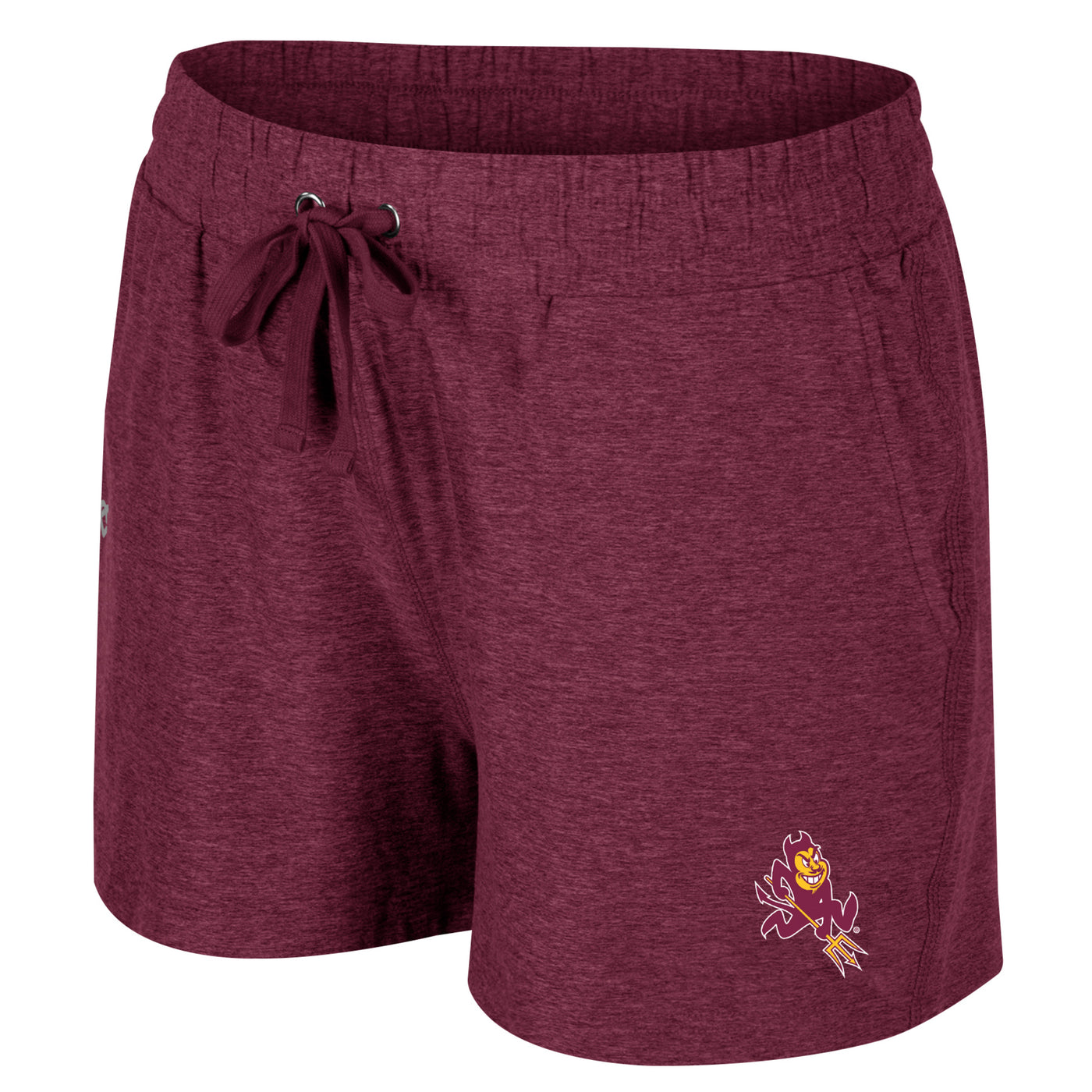 ASU maroon womens shorts with a small sparky mascot on the bottom.
