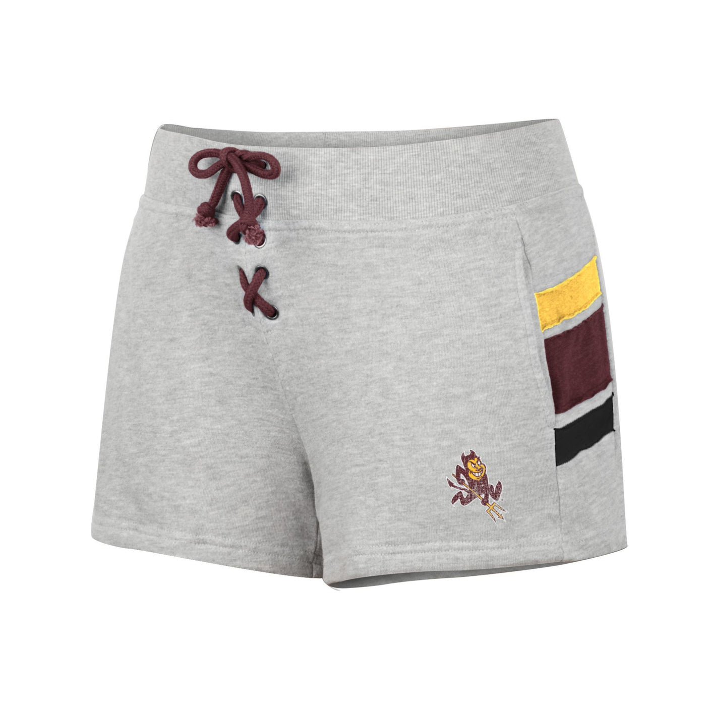 ASU gray shorts with a Sparky on the leg, 3 color blocks on the side, and a maroon lace up front