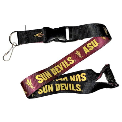 ASU reversible lanyard with maroon side and black side both with repeating pitchfork and 'Sun Devil' lettering with a buckle key chain attachment