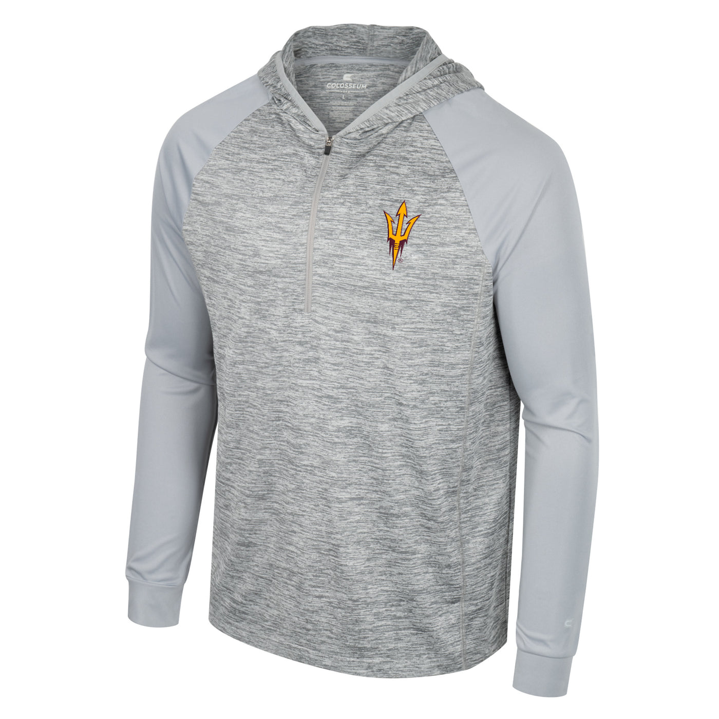 ASU grey hooded 1/4 zip. the majority of the long sleeve is a grey and white static color while the arms are a solid grey. there is a small pitchfork in gold outlined in black on the chest