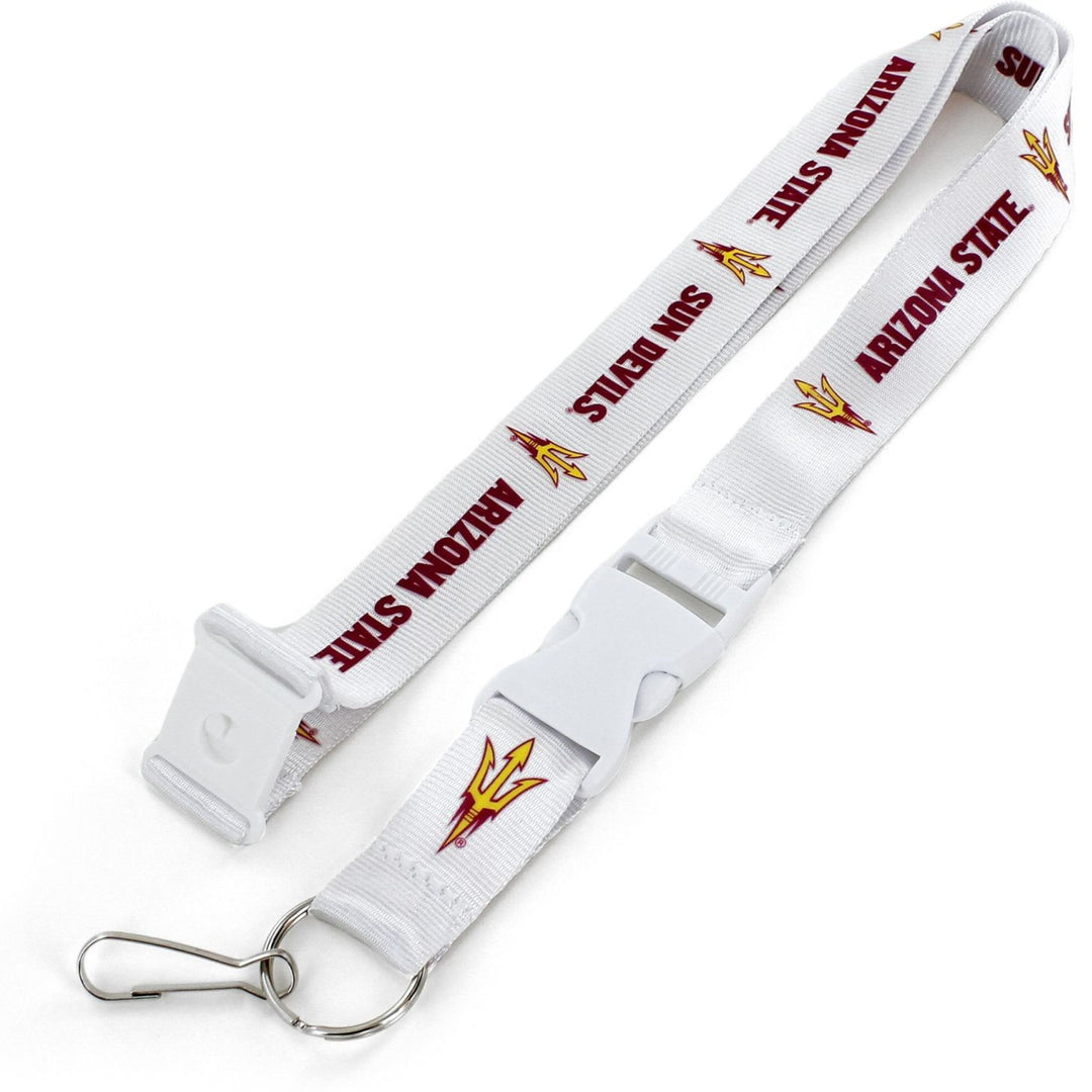 ASU white lanyard with maroon lettering 'Sun Devils' with a pitchforks, a key ring, and a buckle release at the end