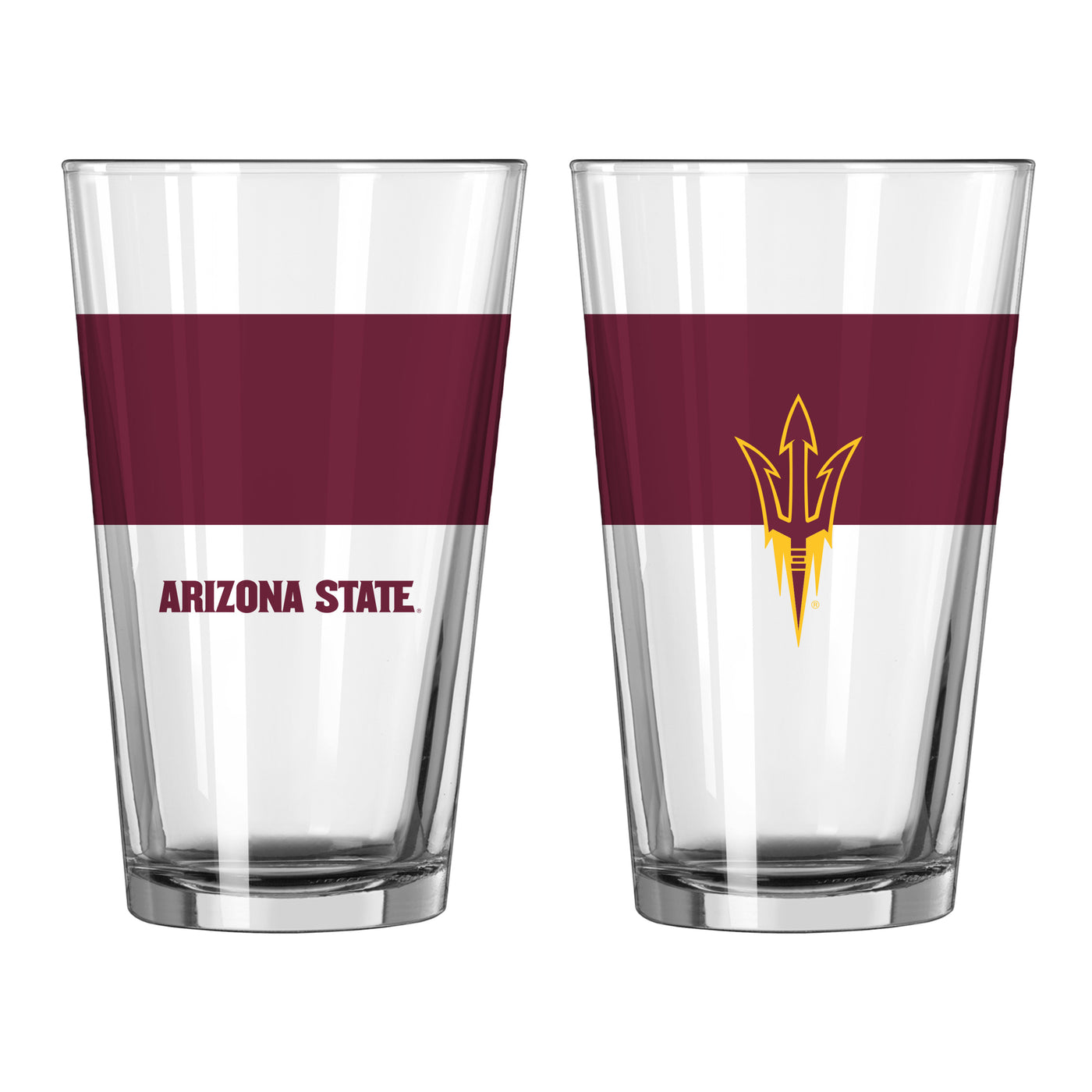 Back and front of ASU pint glass with maroon stripe on it and 'Arizona State' on one side and a pitchfork on the other side