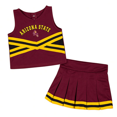 Maroon ASU top and skirt cheer set. Arizona State in gold text and a sparky below is featured on the chest. Set also includes gold and black stripes. Skirt is pleated. 