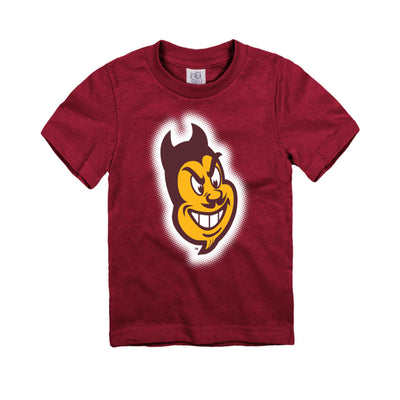ASU maroon youth t-shirt with a large sparky masscot face surrounded but a white glow in the dark ink.