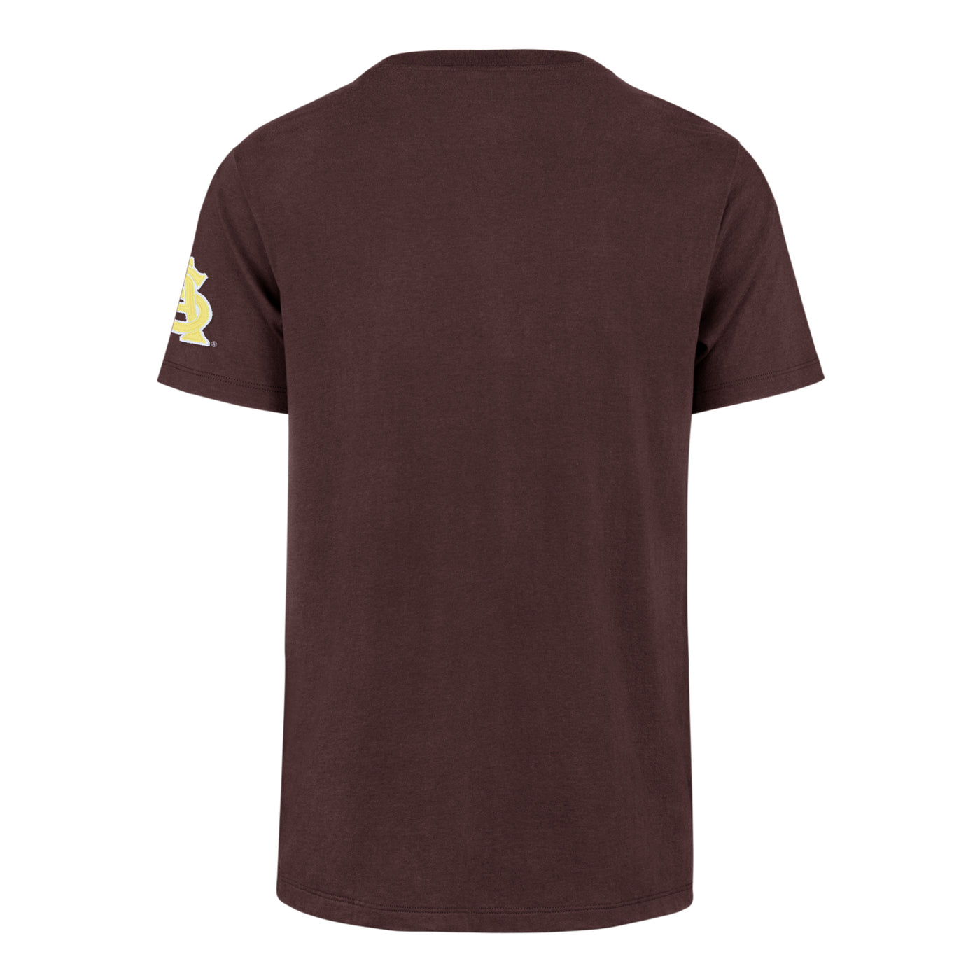 Back of ASU maroon tee with an interlocking 'A' and 'S' on the on the sleeve