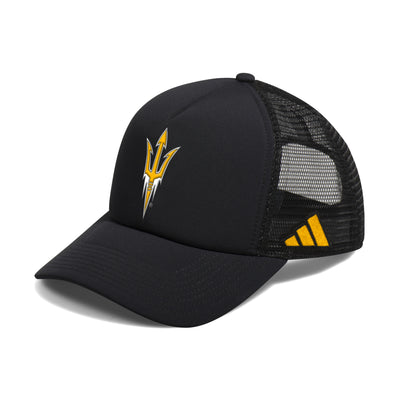 ASU black hat with mesh backing. Gold pitchfork with white outline on the front and a gold adidas logo on the side.