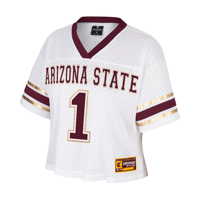 ASU cropped women's jersey. The neckline is trimmed with maroon. The arm bands have two metallic gold stripes surrounding a maroon stripe. There is the text "arizona state" and a number 1 on the front both in maroon and outlined in metallic gold.