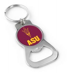 ASU metal bottle opener with maroon circle with pitchfork and 'ASU' lettering and key ring attachment and 