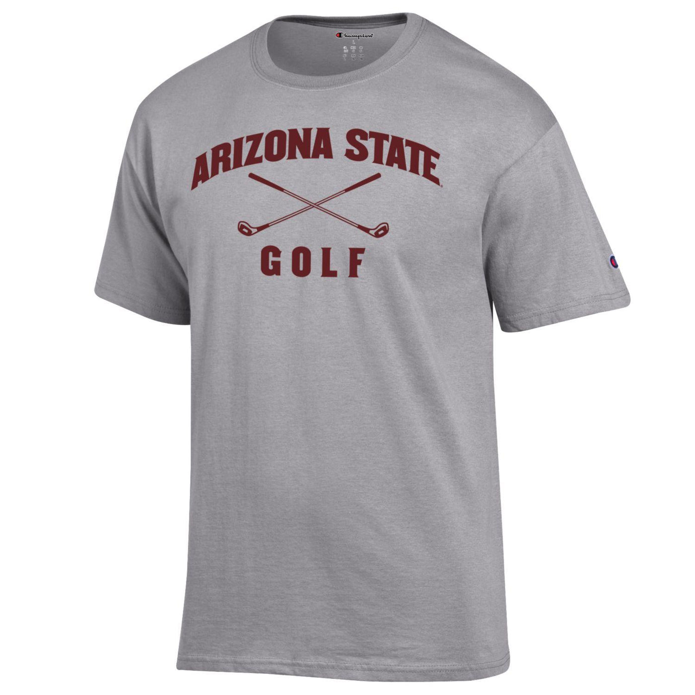 ASU gray tee with 'Arizona State Golf' lettering surrounding 2 golf clubs crossed in the middle