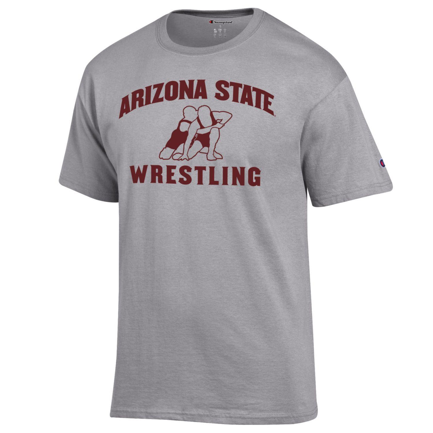 ASU gray tee with Arizona State wrestling printed in maroon around outlines of two male figures in wrestling positions.