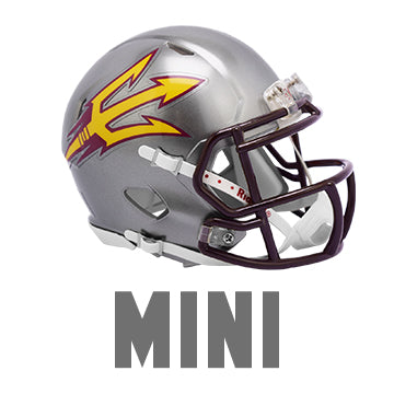 ASU mini football helmet in silver with maroon face guard and gold pitchfork on side