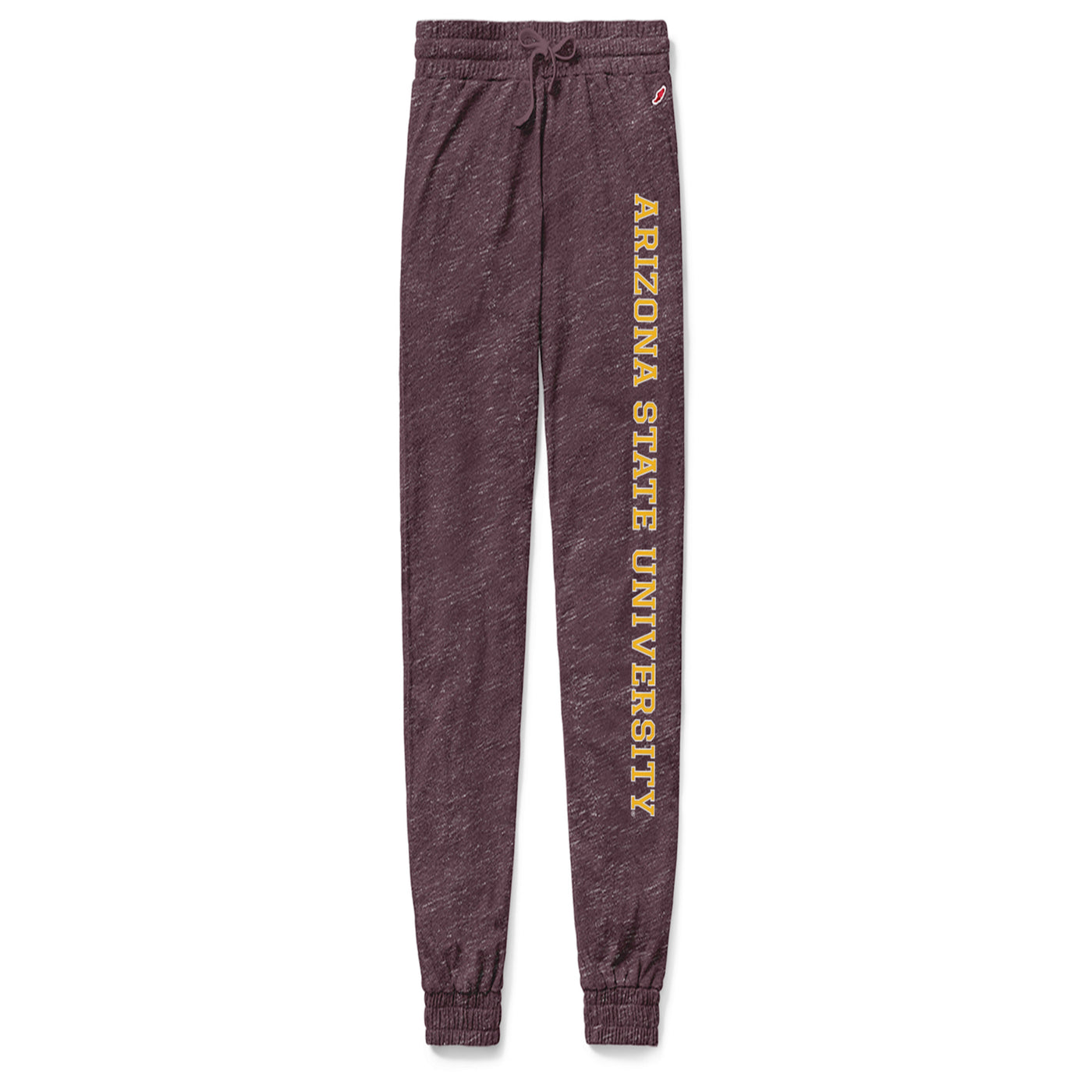 ASU women's maroon joggers with 'Arizona State University' lettering down the pant leg