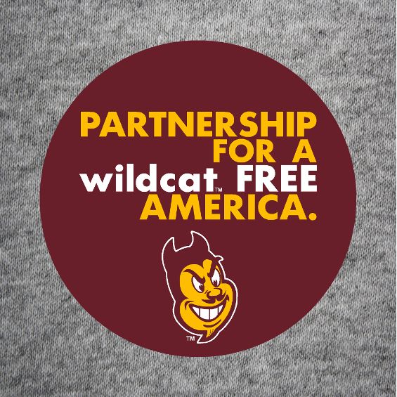 ASU maroon button with 'Partnership for a wildcat free America' lettering and a Sparky