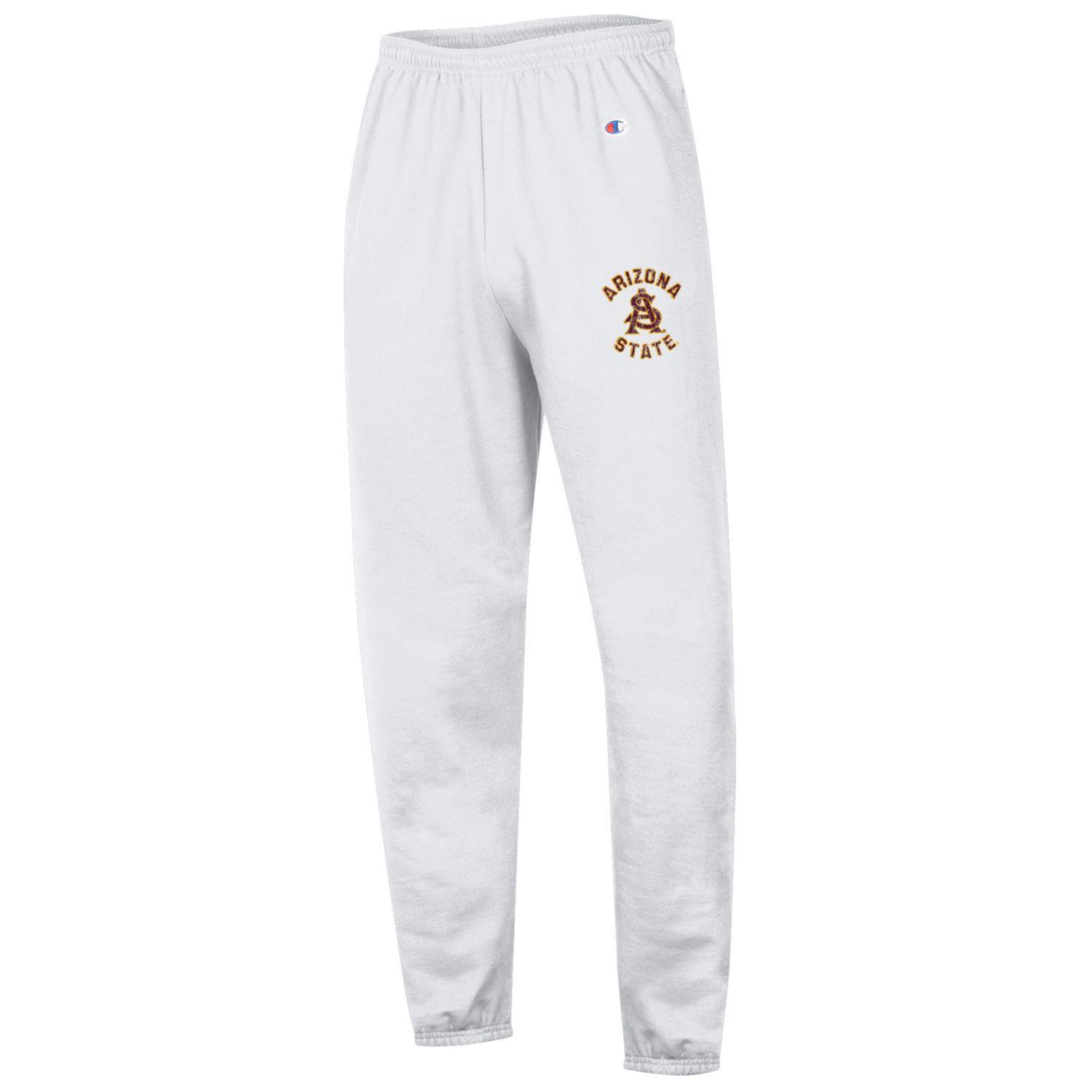 ASU white seat pants with 'Arizona State arched over an interlocking 'A' and 'S' printed design