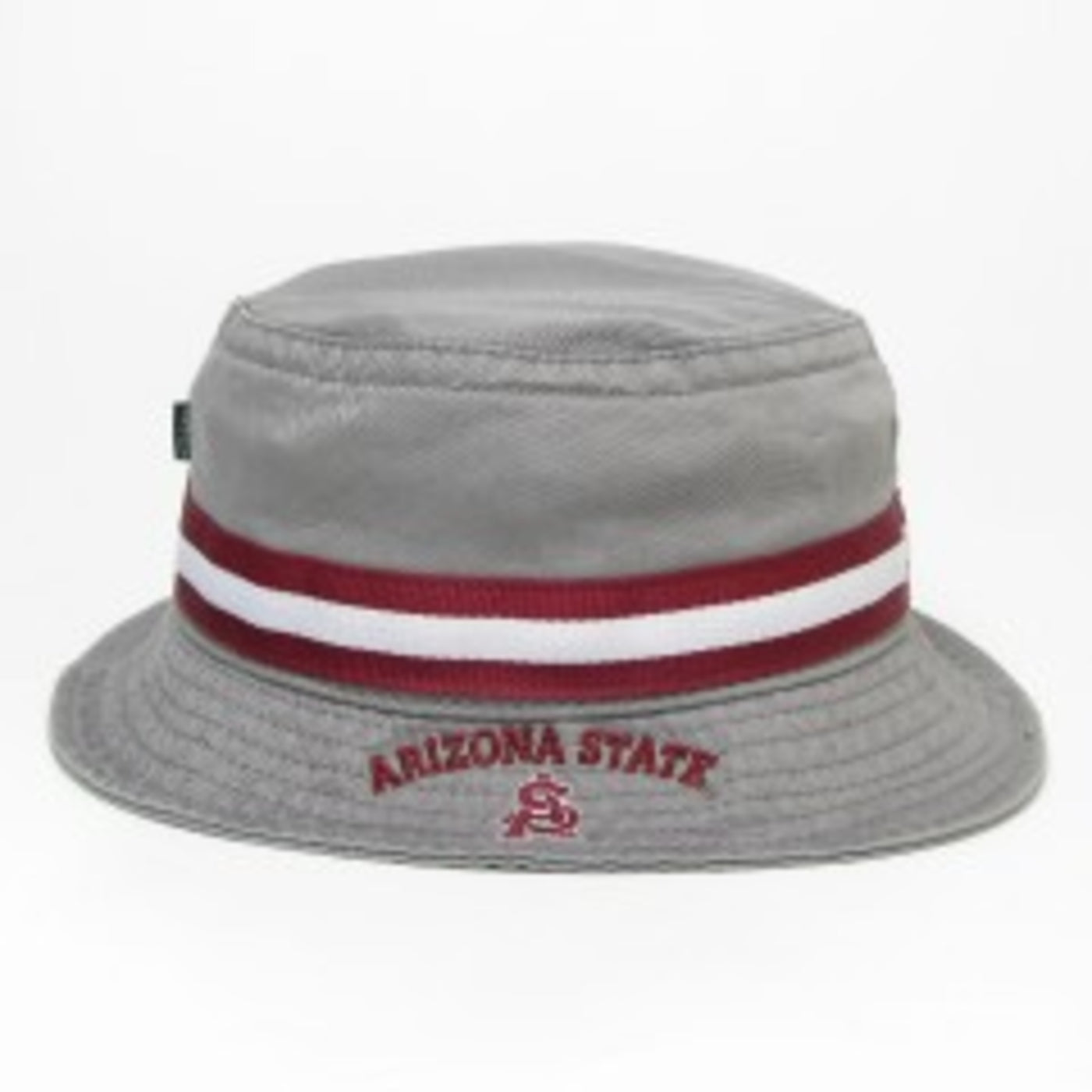 ASU grey bucket hat. Features maroon A and S logo with maroon Arizona State text on the brim. Maroon and White stripes on the base of the hat's body. 