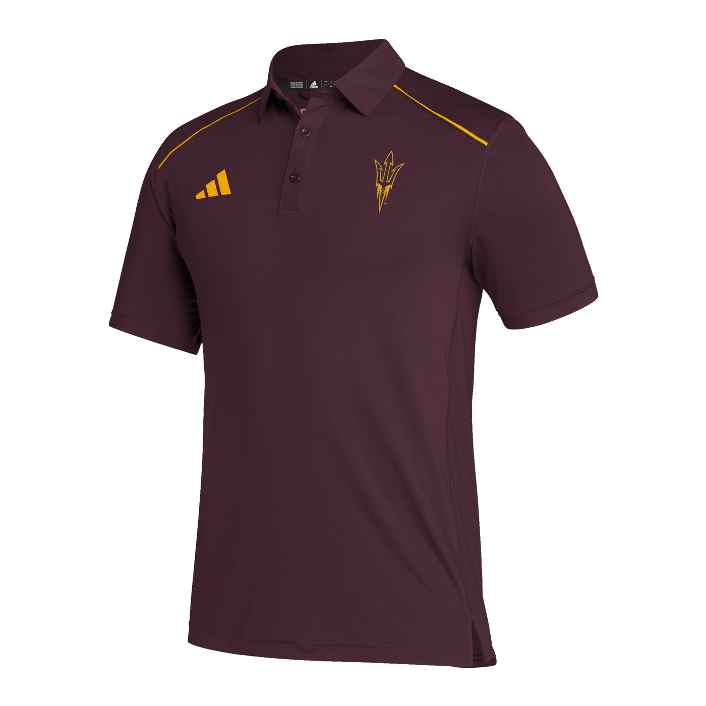 ASU maroon adidas polo with gold trim accents on the shoulders. on the left side of the chest is a gold adidas logo. On the right side of the chest is a gold outline of the pitchfork logo. 