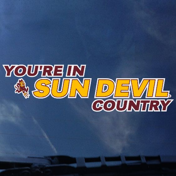 ASU decal with 'You're in Sun Devil County' next to Sparky