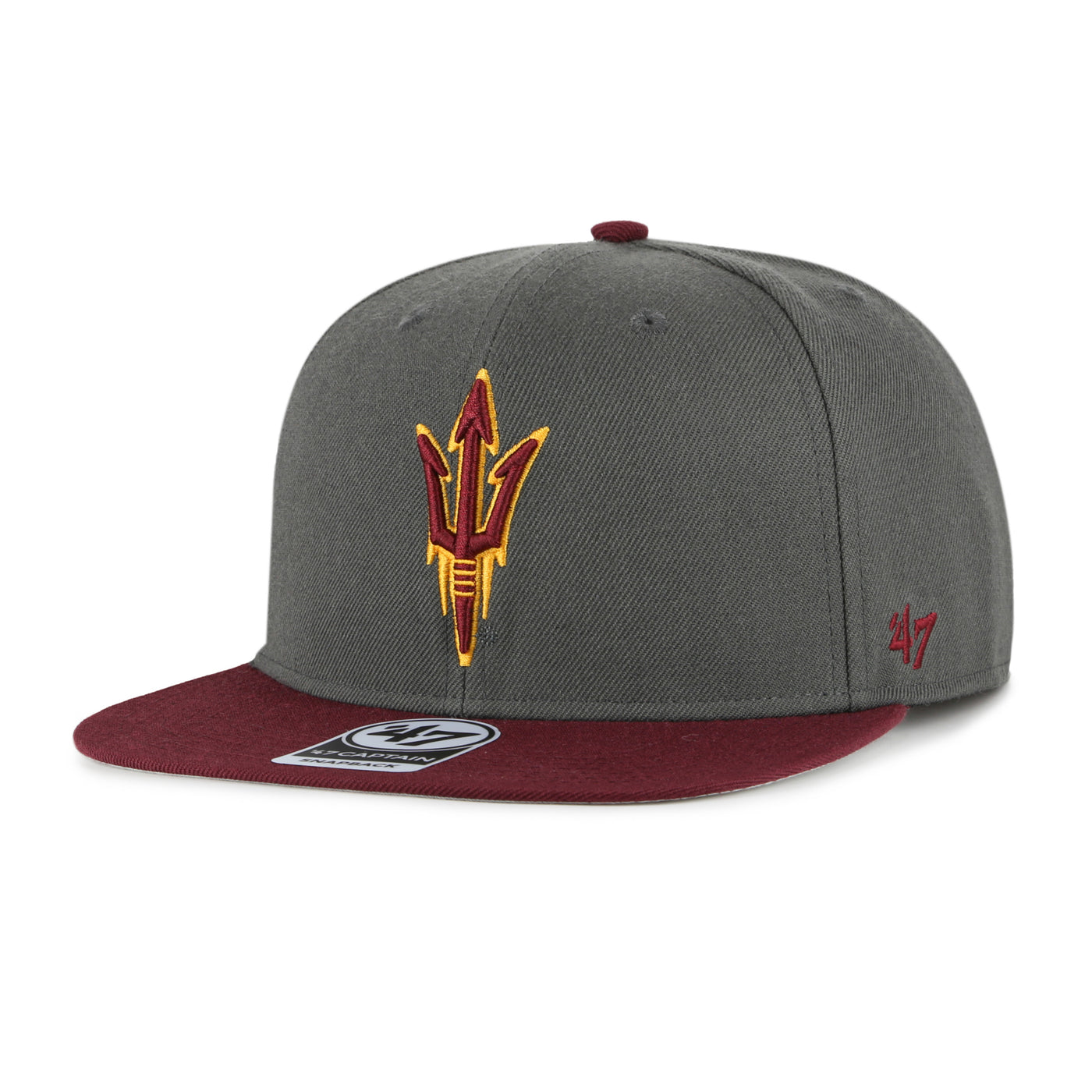 ASU flat-bill hat with maroon brim. Gold and Maroon pitchfork logo on the front. 