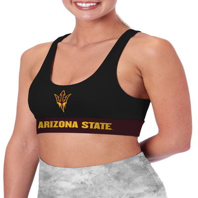 ASU women's racerback sports bra with black top and maroon band with a pitchfork on the chest and 'Arizona State' lettering on the band