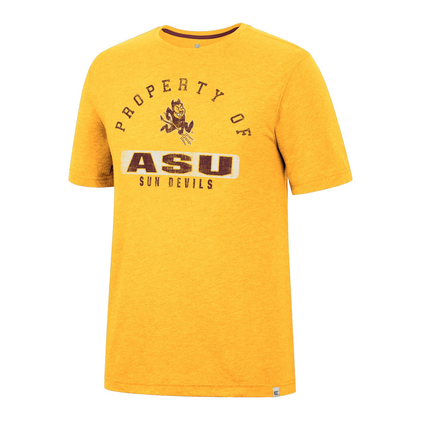 ASU gold tee with 'Property of ASU Sun Devils' lettering on the front around a Sparky