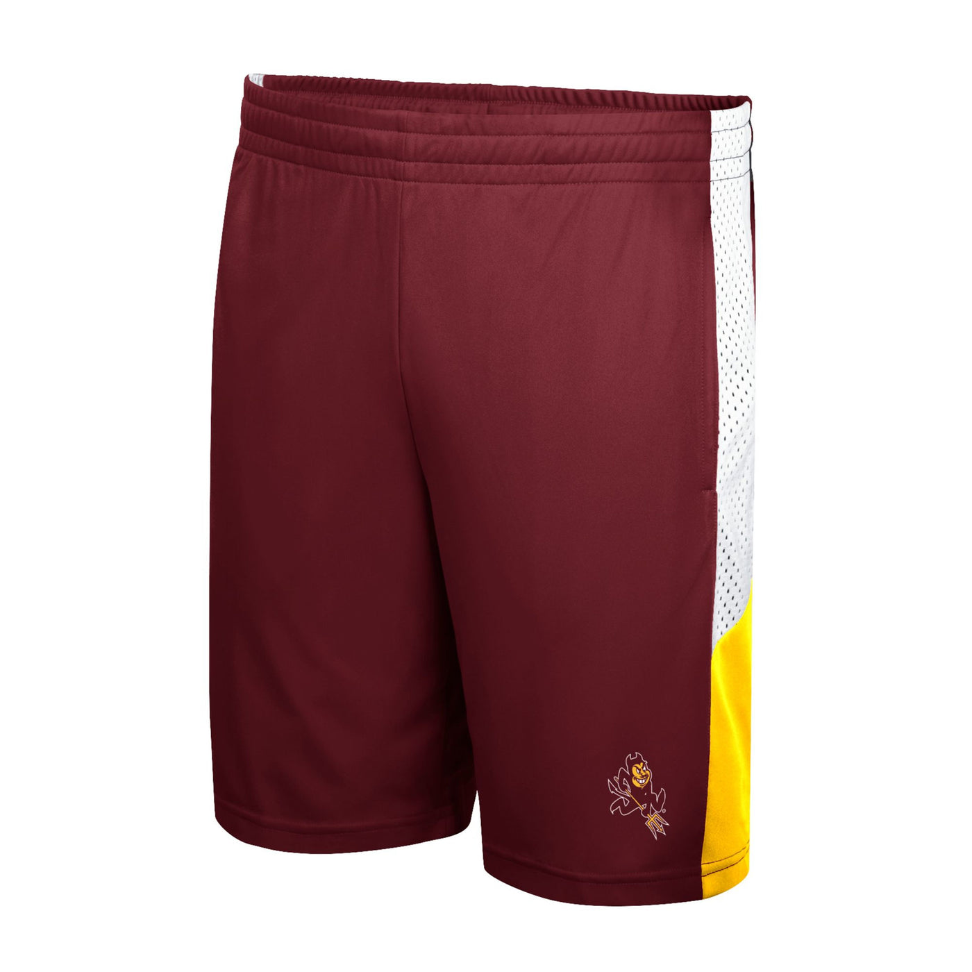 ASU youth maroon shorts with white mesh sides ending in gold and a Sparky on the left bottom leg