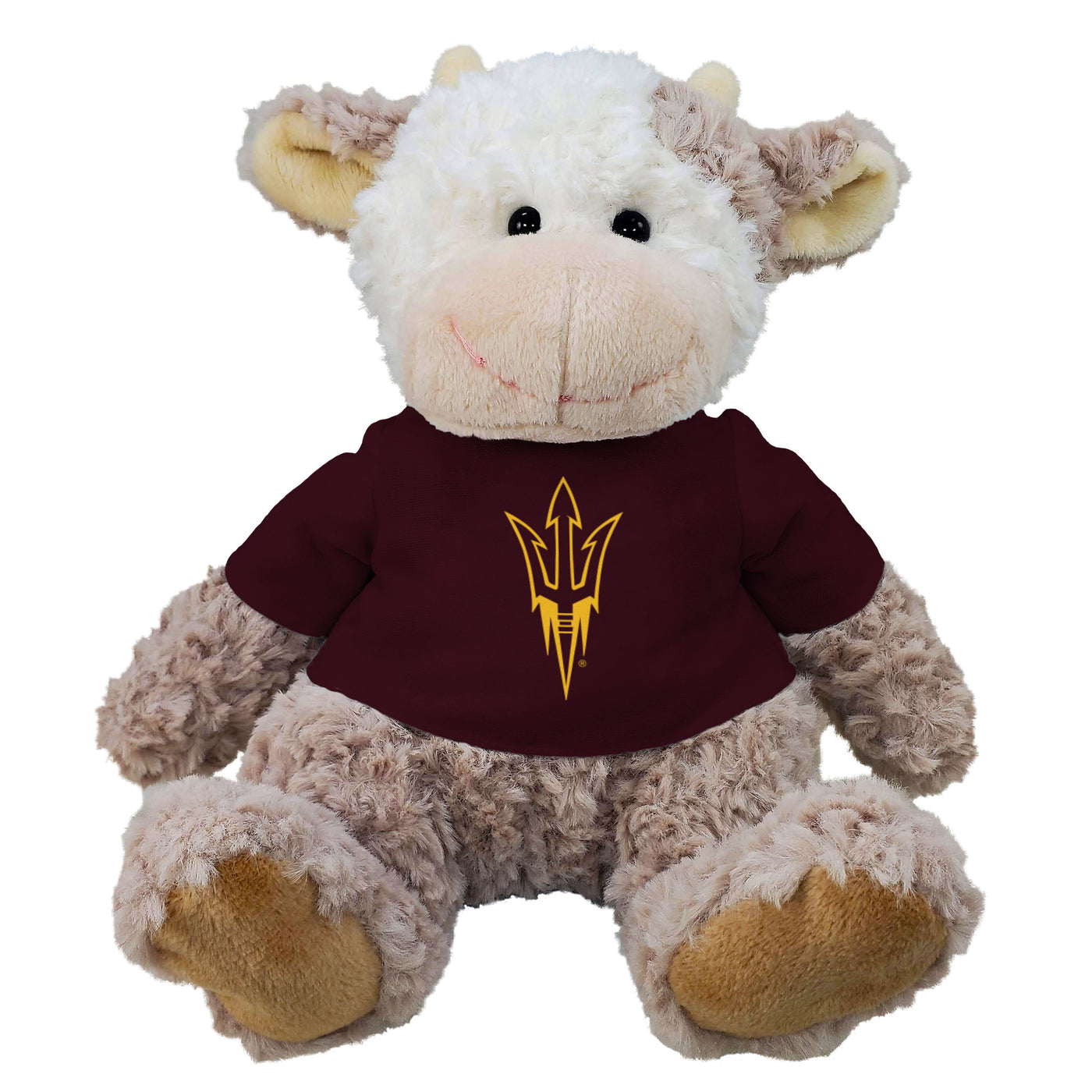 ASU stuffed brown and white cow with little horns. Cow is wearing a maroon shirt with a gold pitchfork outline. 